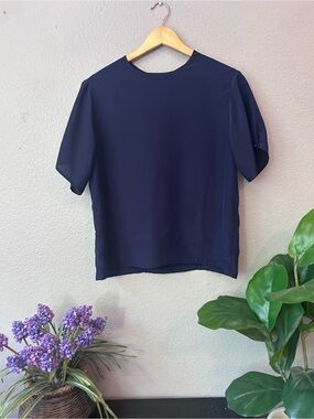 Women's Navy Short-Sleeve Blouse Size Small | Work Office Wear Coastal Grandma